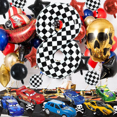 TONIFUL checkered number 8 balloon used as centerpiece or photo backdrop.