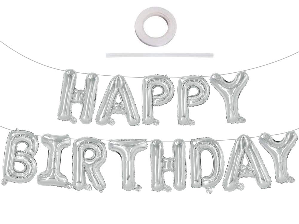 TONIFUL silver Happy Birthday banner in 16-inch letters for festive home decor.