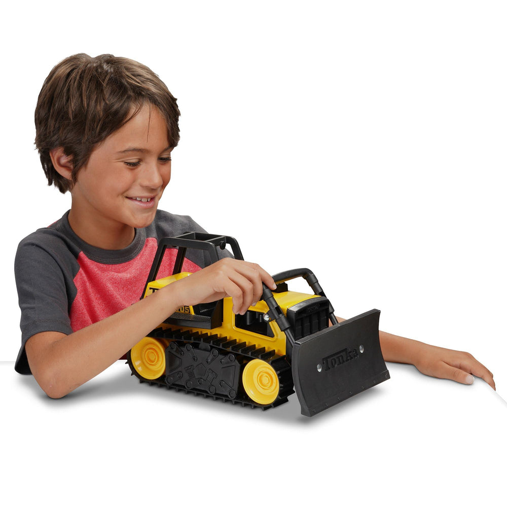 Tonka steel bulldozer front view shows durable play-ready build