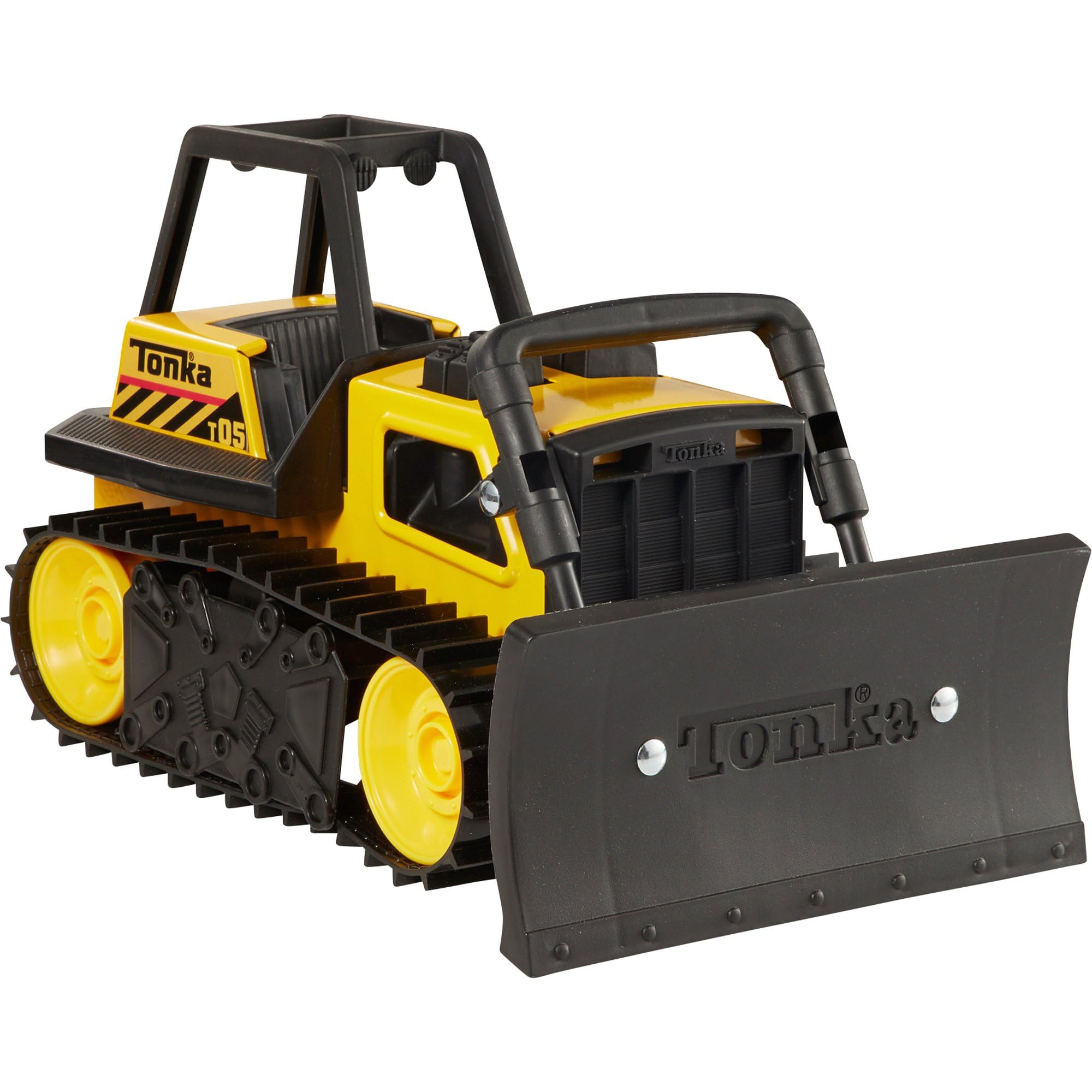 Tonka steel bulldozer side view with movable blade enables realistic construction play