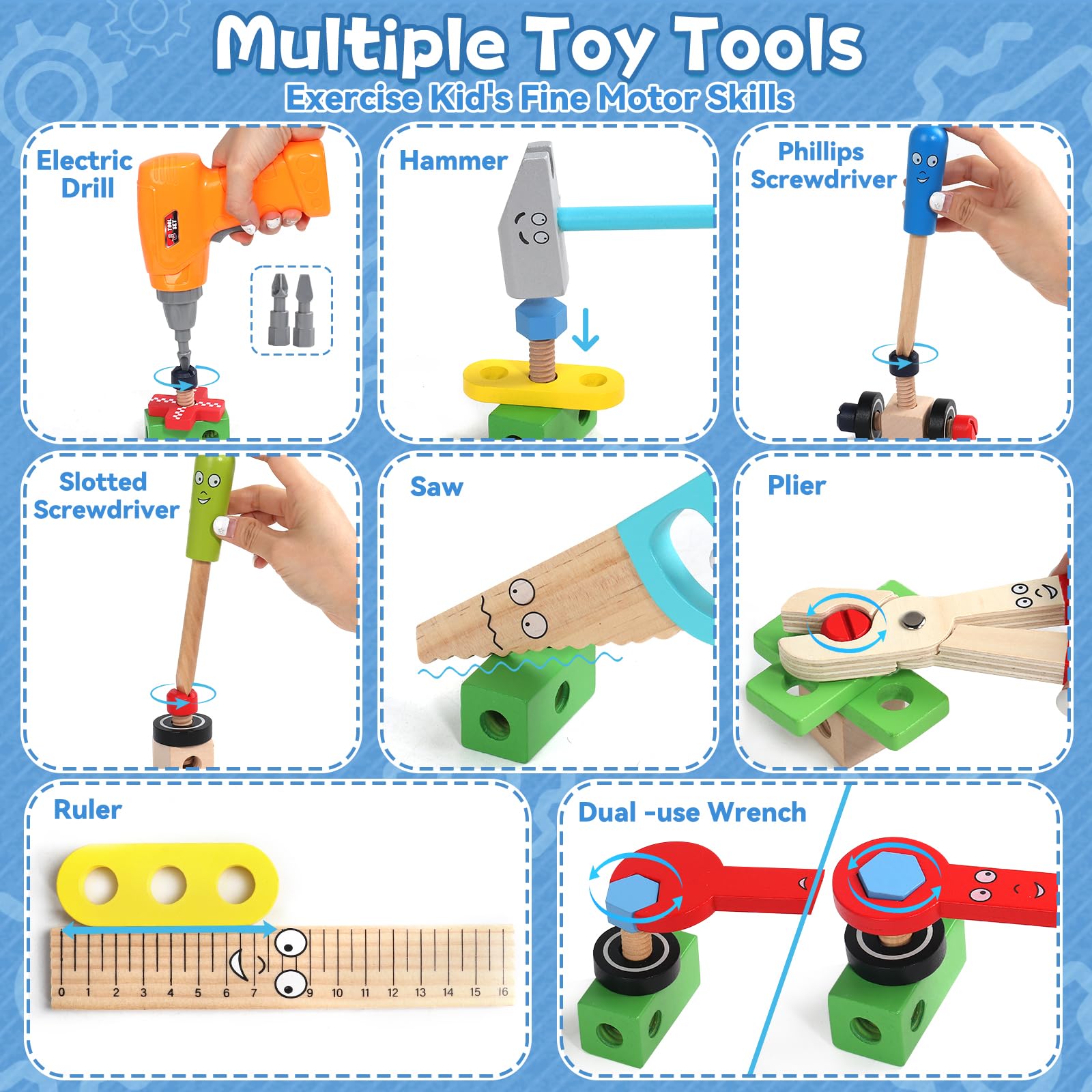 TONZE Kids Tool Set screws and nuts encourage hands-on tightening and loosening.