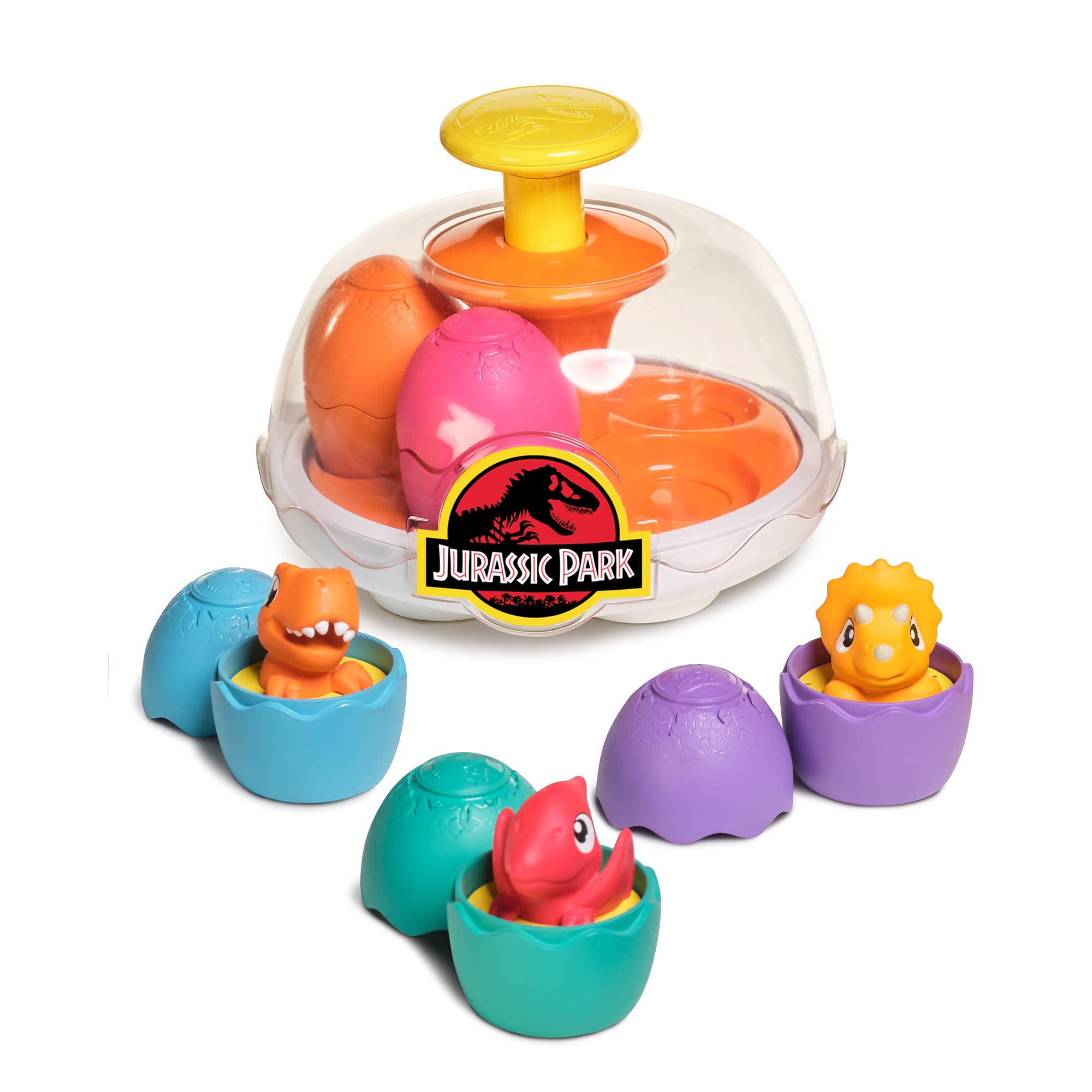 Toomies Spin & Hatch incubator with five dinos promotes imaginative play.