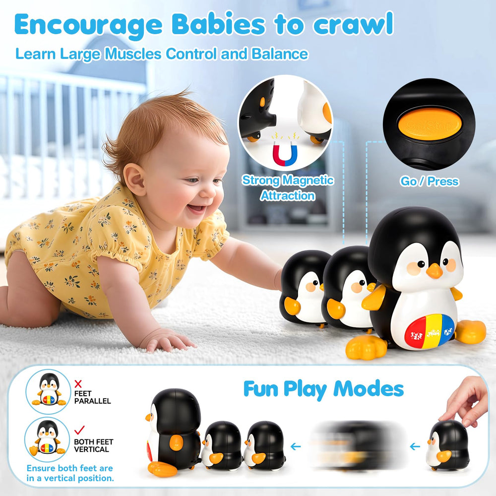 TooyBing penguin play-mode button activates lights and sounds for engagement.