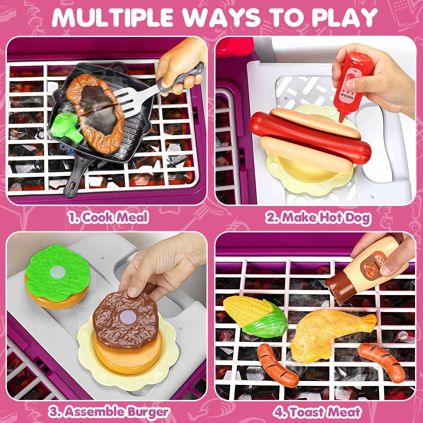 TooyBing Kids BBQ Grill Playset accessory set includes 35 pieces for imaginative play