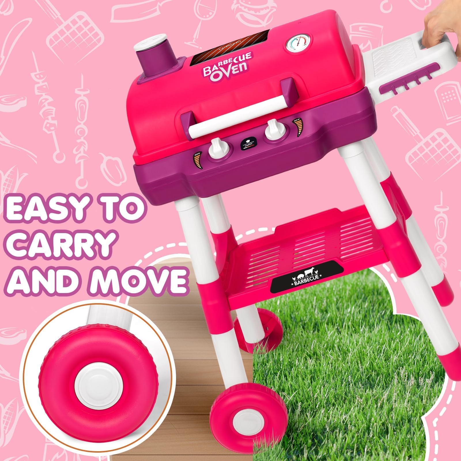 TooyBing Kids BBQ Grill Playset with wheels enables easy outdoor mobility