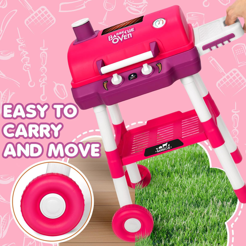TooyBing Kids BBQ Grill Playset with wheels enables easy outdoor mobility
