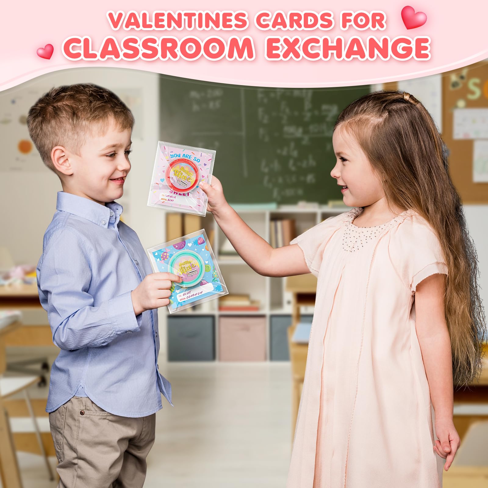 TooyBing cards and slime suit Valentine giveaways for kids' celebrations.