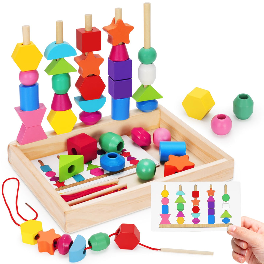 TooyBing Montessori wooden lacing beads box with organized set for easy play
