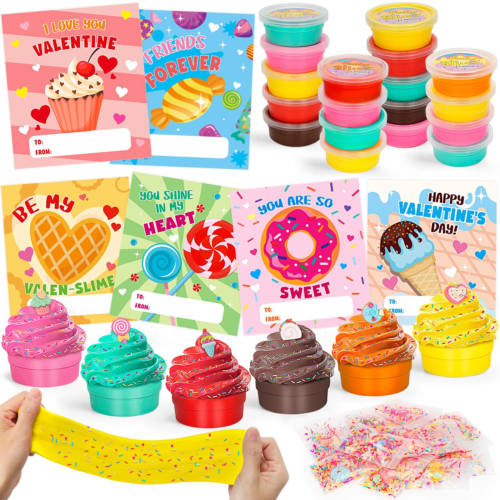 TooyBing Valentines butter slime kit with six colors for classroom party decor and creative play.