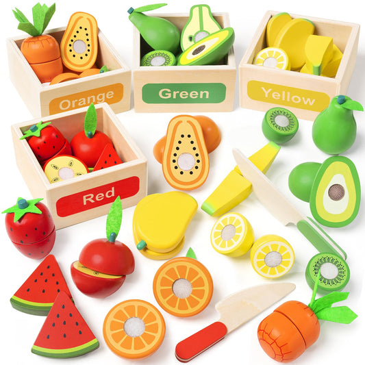 TooyBing wooden play food set with realistic fruits for imaginative pretend meals and fine motor play.