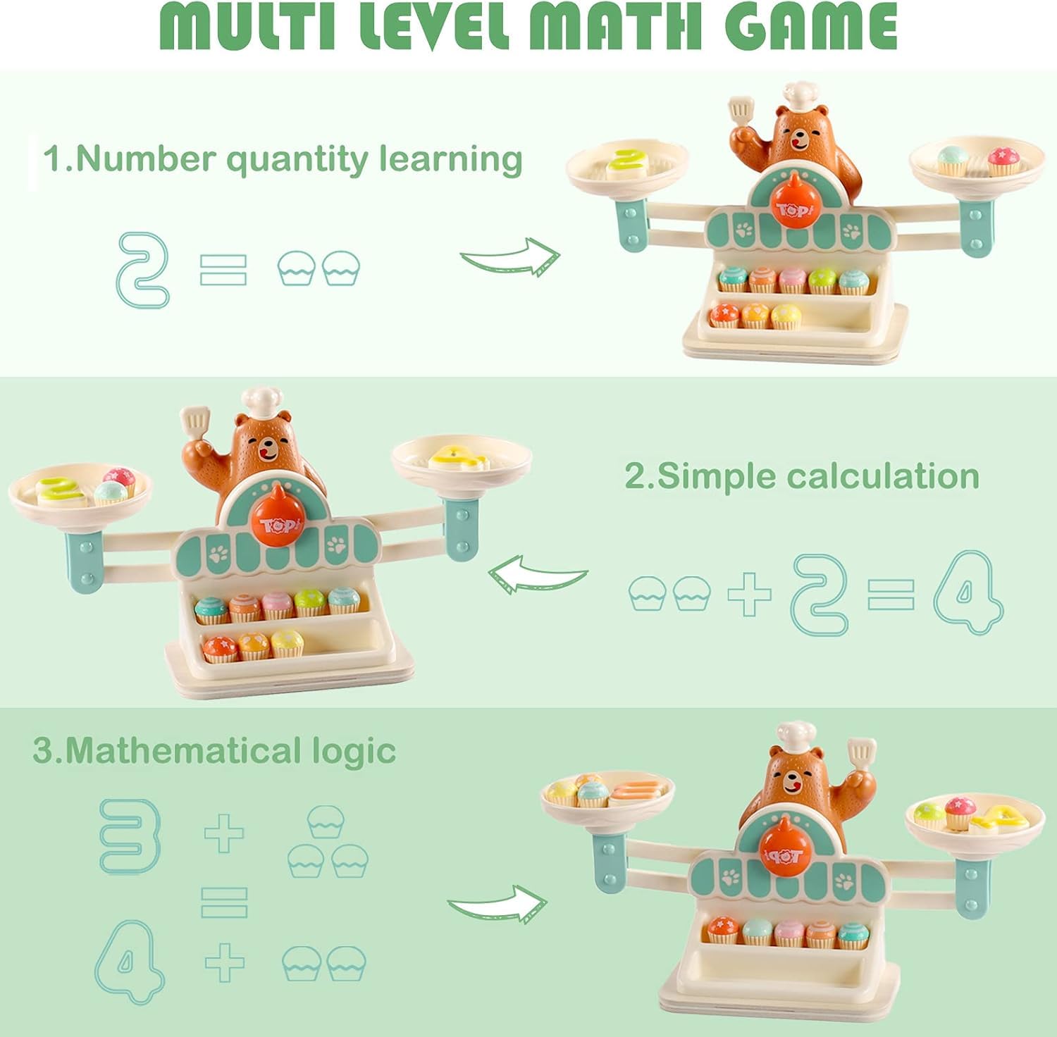 Top Bright Balance Math Game includes paper money for pretend buying and selling.