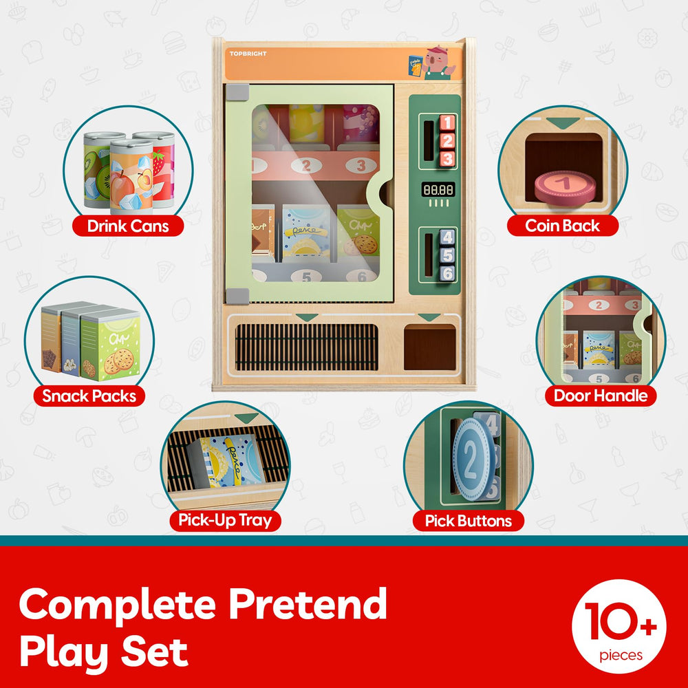 TOP BRIGHT coins dropping action highlights cause-and-effect learning during pretend shopping.