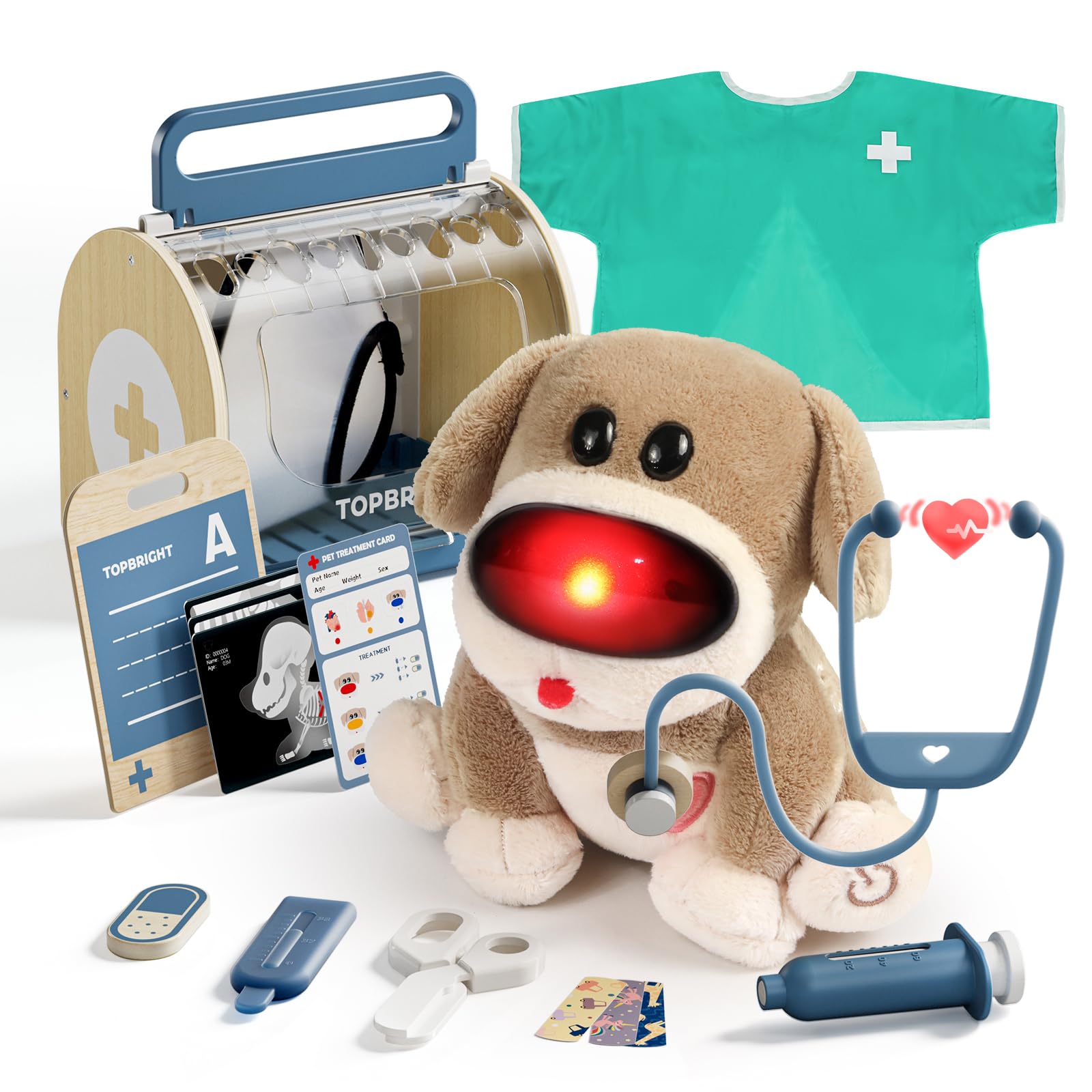TOP BRIGHT Doctor Kit with plush puppy diagnostic lights for imaginative play.
