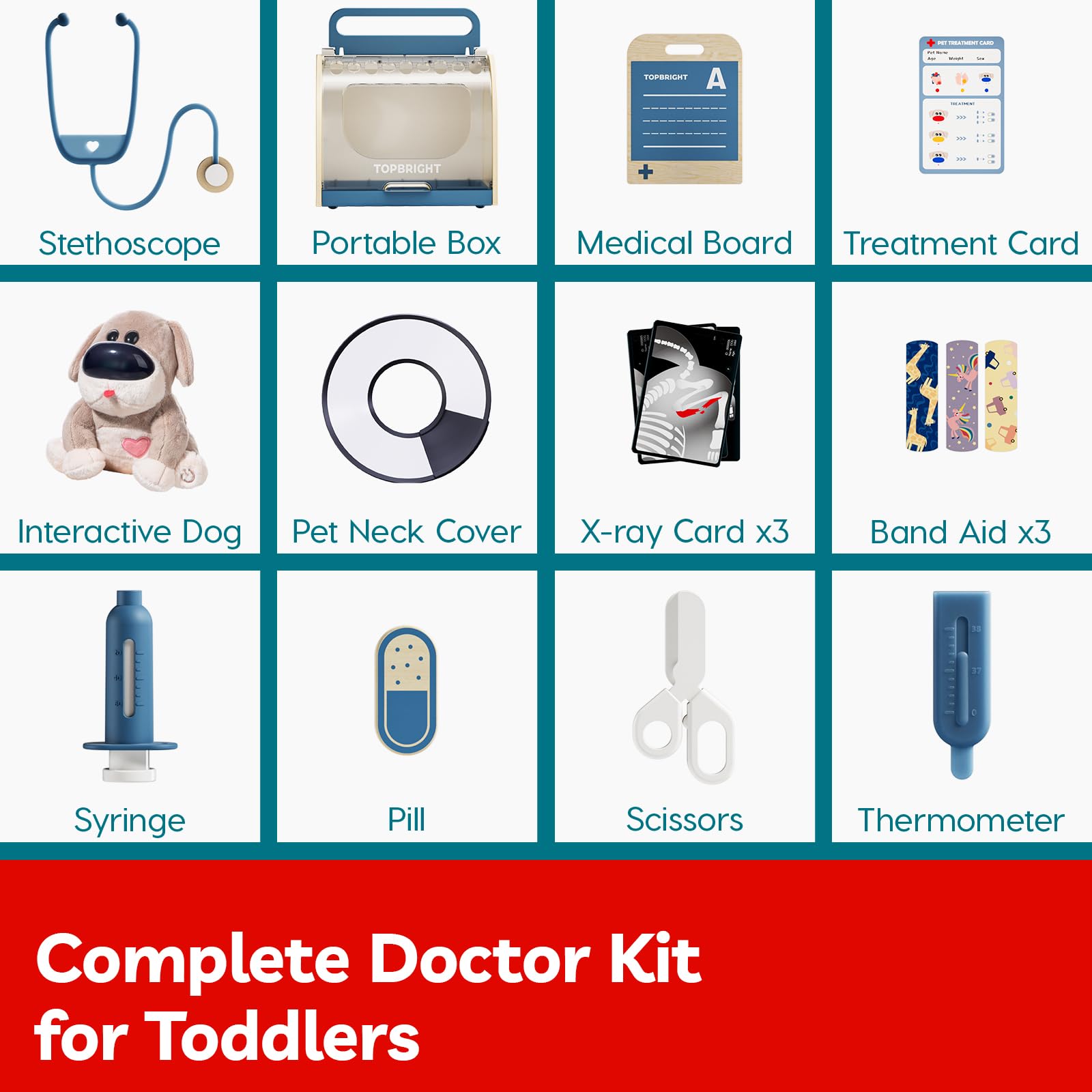 TOP BRIGHT Doctor Kit travel-ready kit for on-the-go pretend vet play.