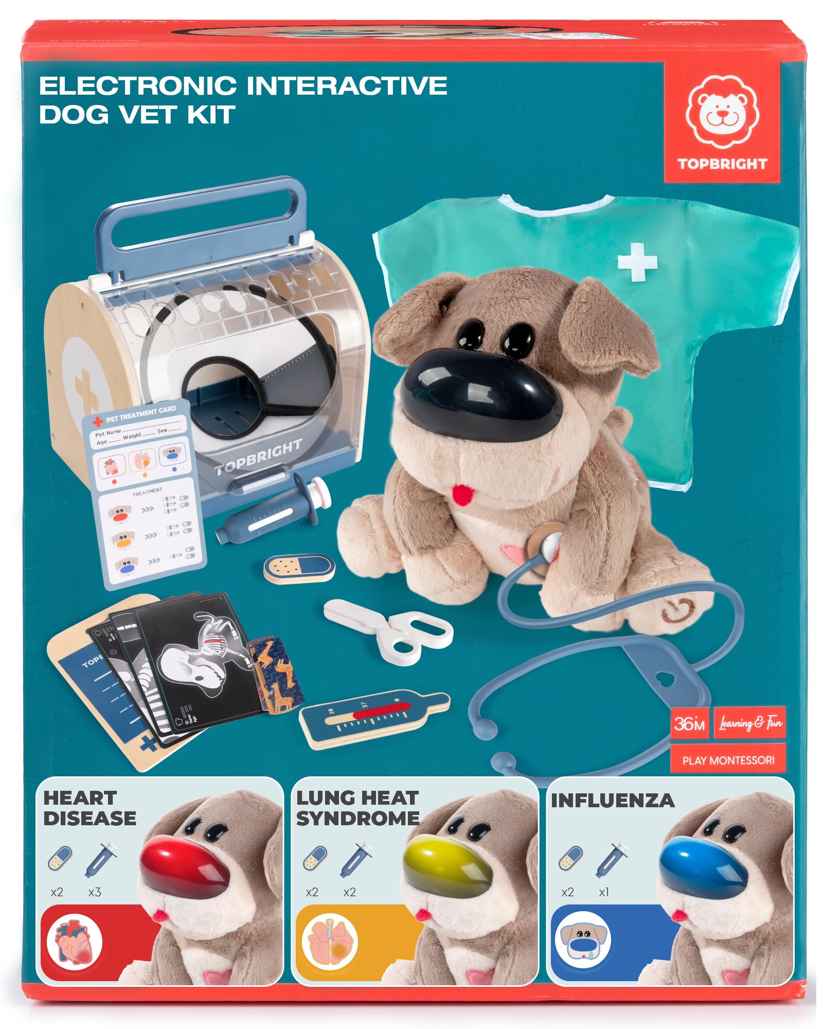 Top Bright Interactive Dog Vet nose lights in red signaling symptoms for imaginative play
