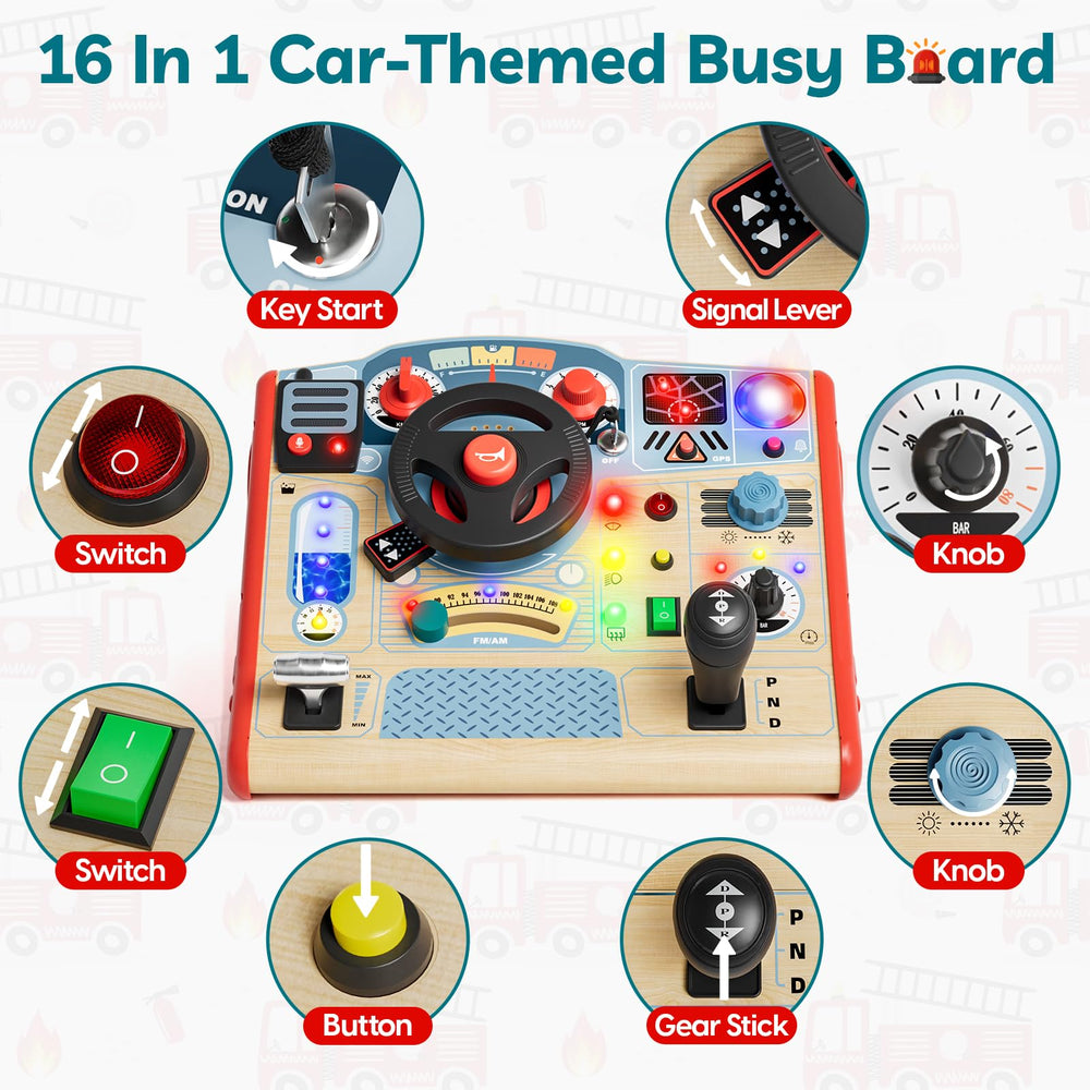 Top Bright Busy Board dash and controls highlighting realistic vehicle elements for pretend driving