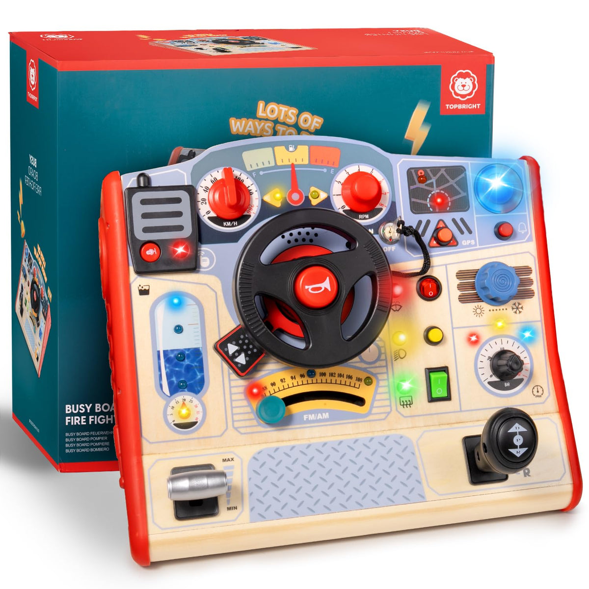 Top Bright toddler busy board steering wheel for immersive pretend play and fine motor skills.