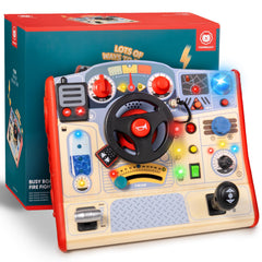 Top Bright toddler busy board steering wheel for immersive pretend play and fine motor skills.