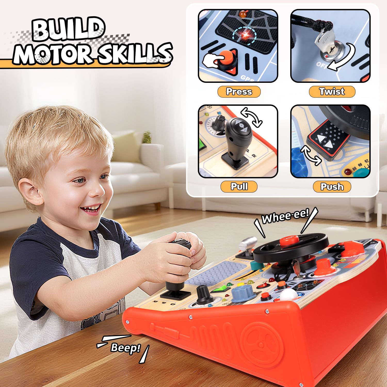 Top Bright wooden-panel busy board made from high-quality materials.