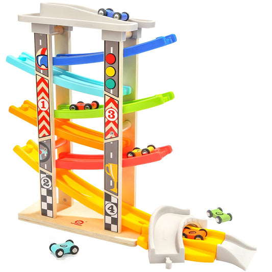 TOP BRIGHT wooden car ramp track toy setup for immersive toddler racing