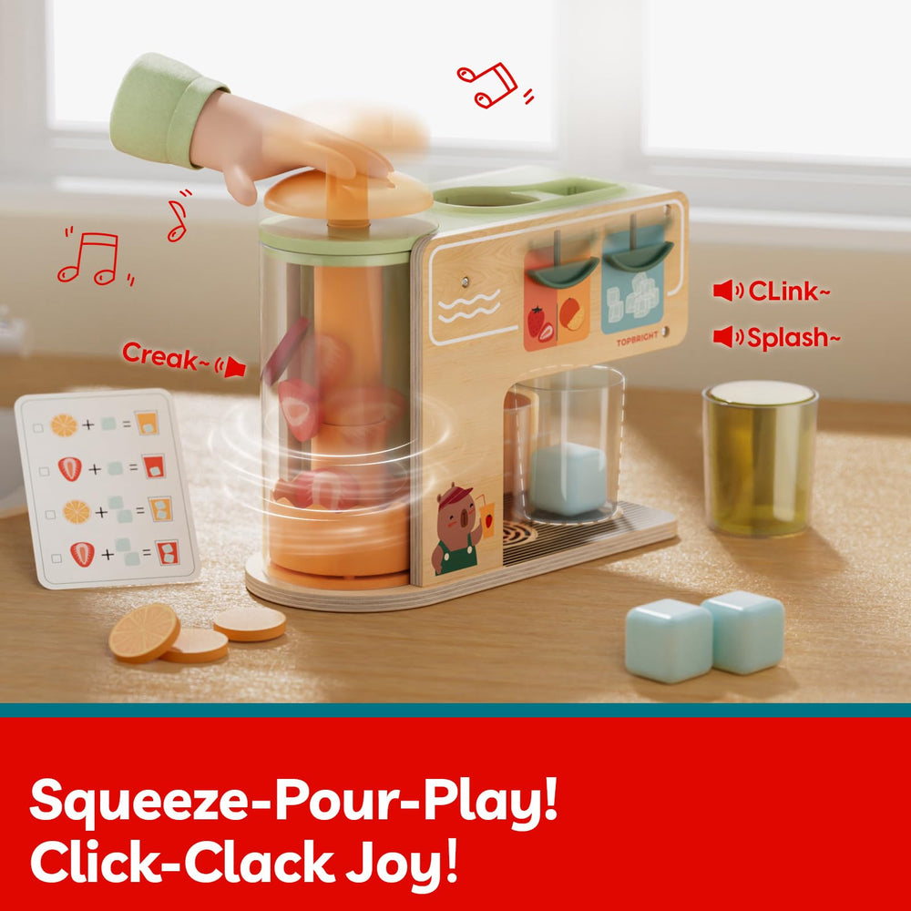 Top Bright wooden fruit slices enhance hands-on juice making pretend play.