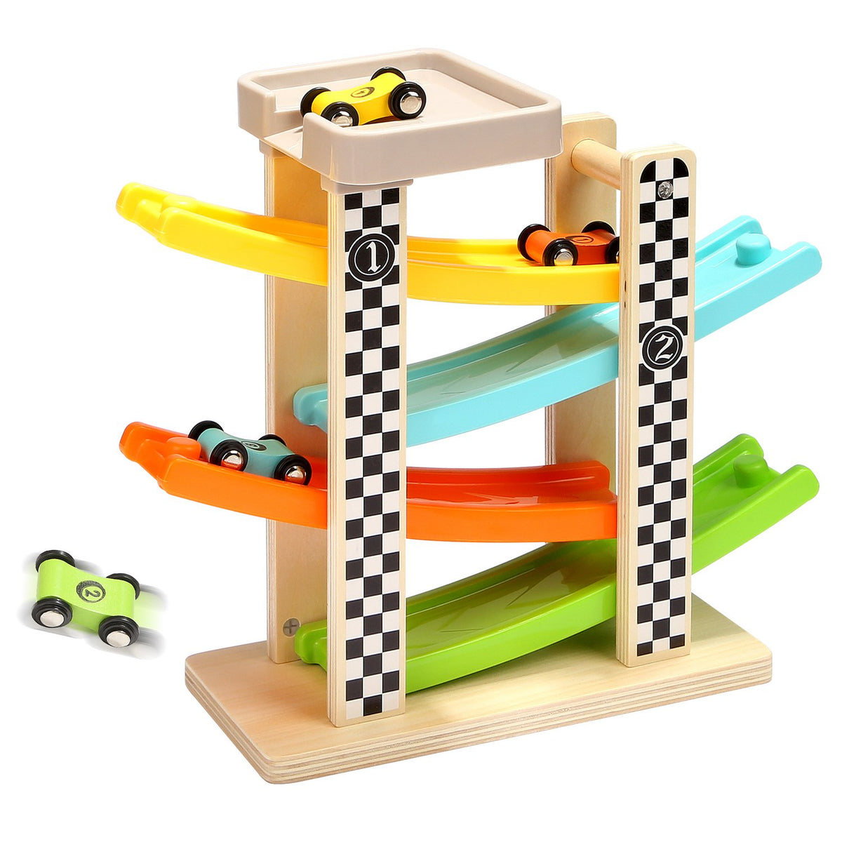 Top Bright wooden race track with four cars promotes hand-eye coordination and sequential play
