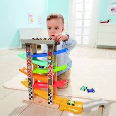 Top Bright wooden race track colorful pieces support color recognition during play.
