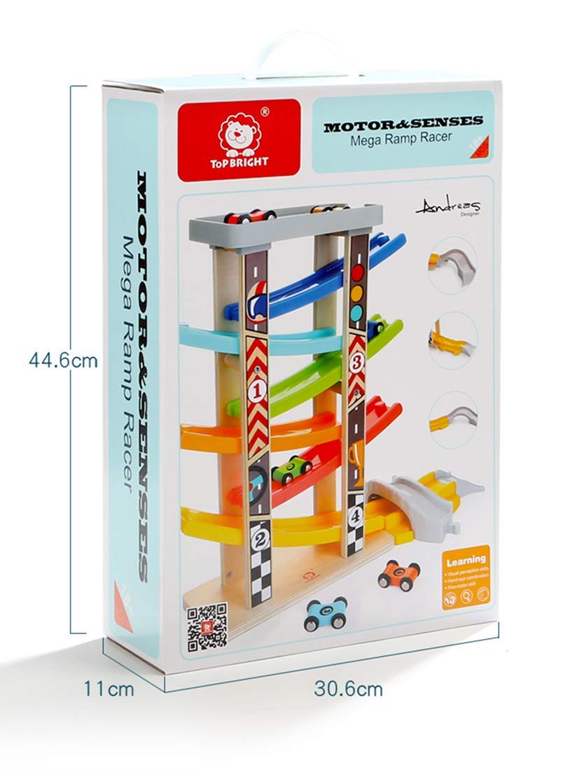 Top Bright wooden race track in use showing an engaging play setup.