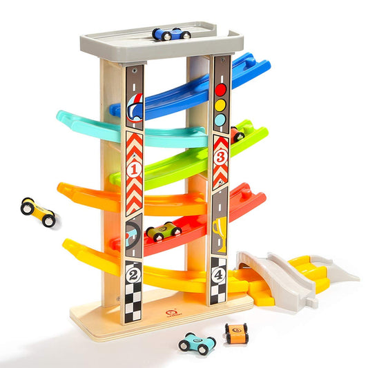 Top Bright wooden race track top view with parking area promoting balance and coordination.