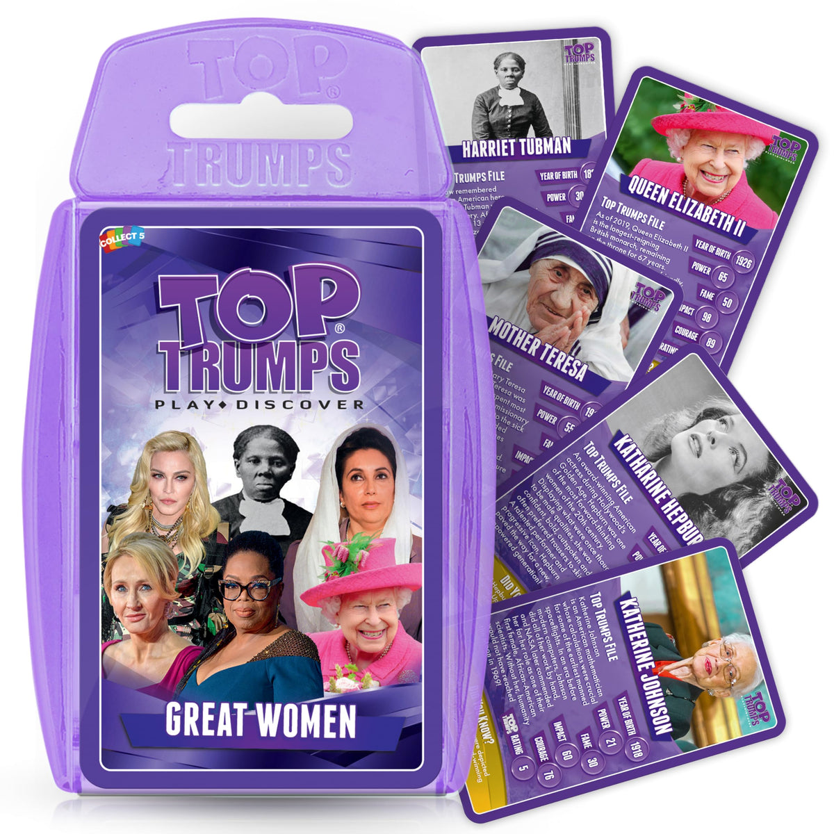 Top Trumps Great Women card game cover featuring diverse historical figures for learning and fun.