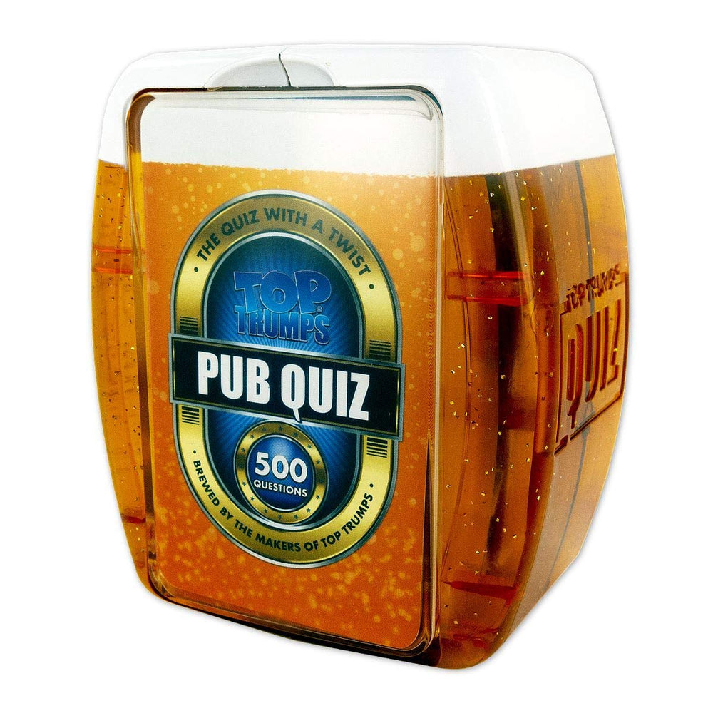 Top Trumps Pub Quiz cards spread on table for ice-breaker fun.