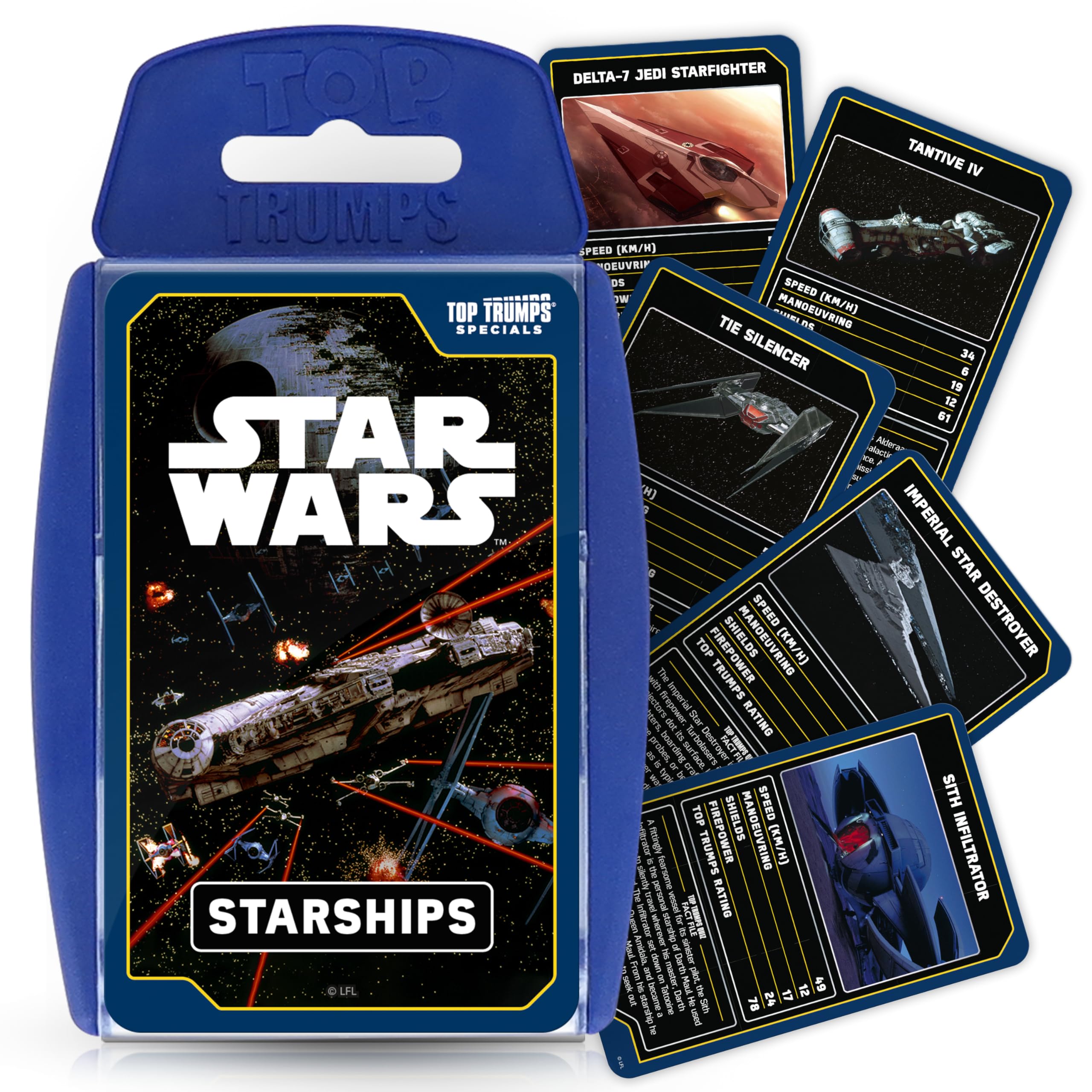 Top Trumps Star Wars Starships card game cover featuring iconic ships for family game nights