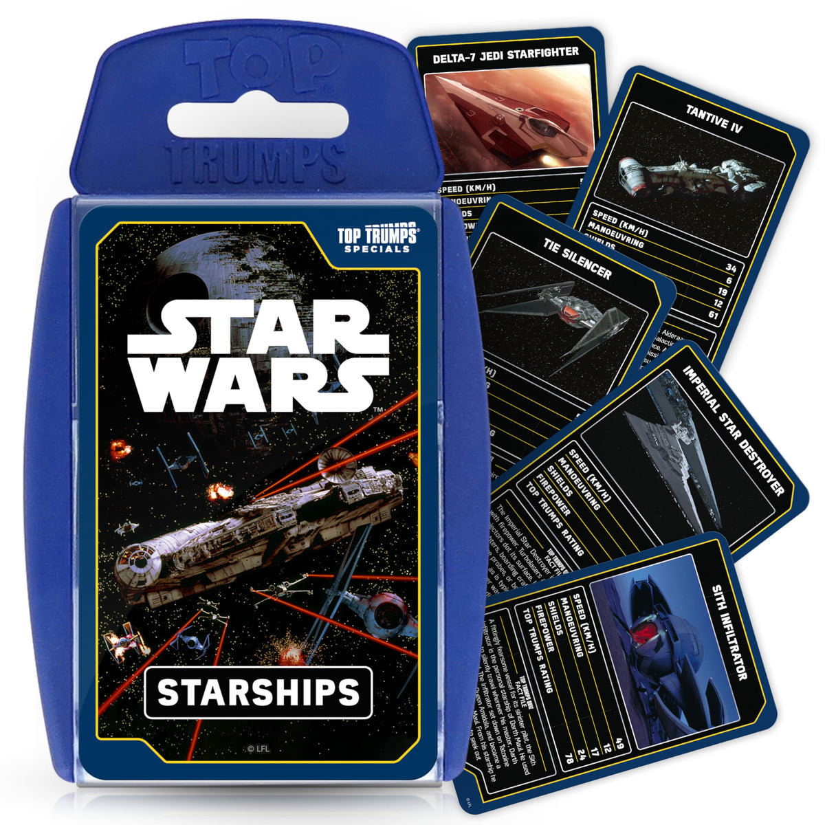 Top Trumps Star Wars Starships card game cover featuring iconic ships for family game nights
