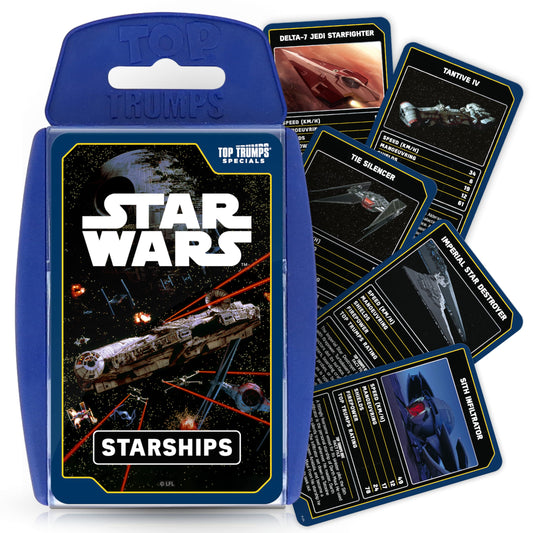 Top Trumps Star Wars Starships card game cover featuring iconic ships for family game nights