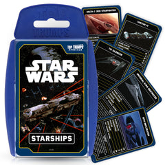 Top Trumps Star Wars Starships card game cover featuring iconic ships for family game nights