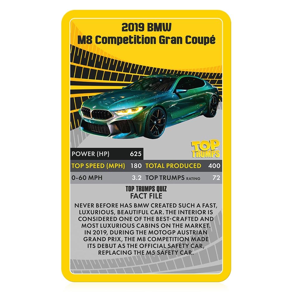 Top Trumps Supercars Aston Martin DBS Superleggera card highlights luxury performance data.