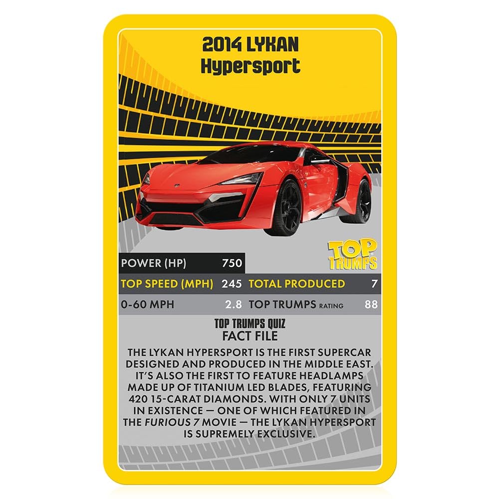 Top Trumps Supercars McLaren Senna card showcases speed stats and design highlights.