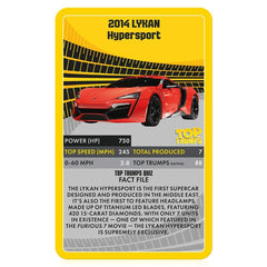 Top Trumps Supercars McLaren Senna card showcases speed stats and design highlights.