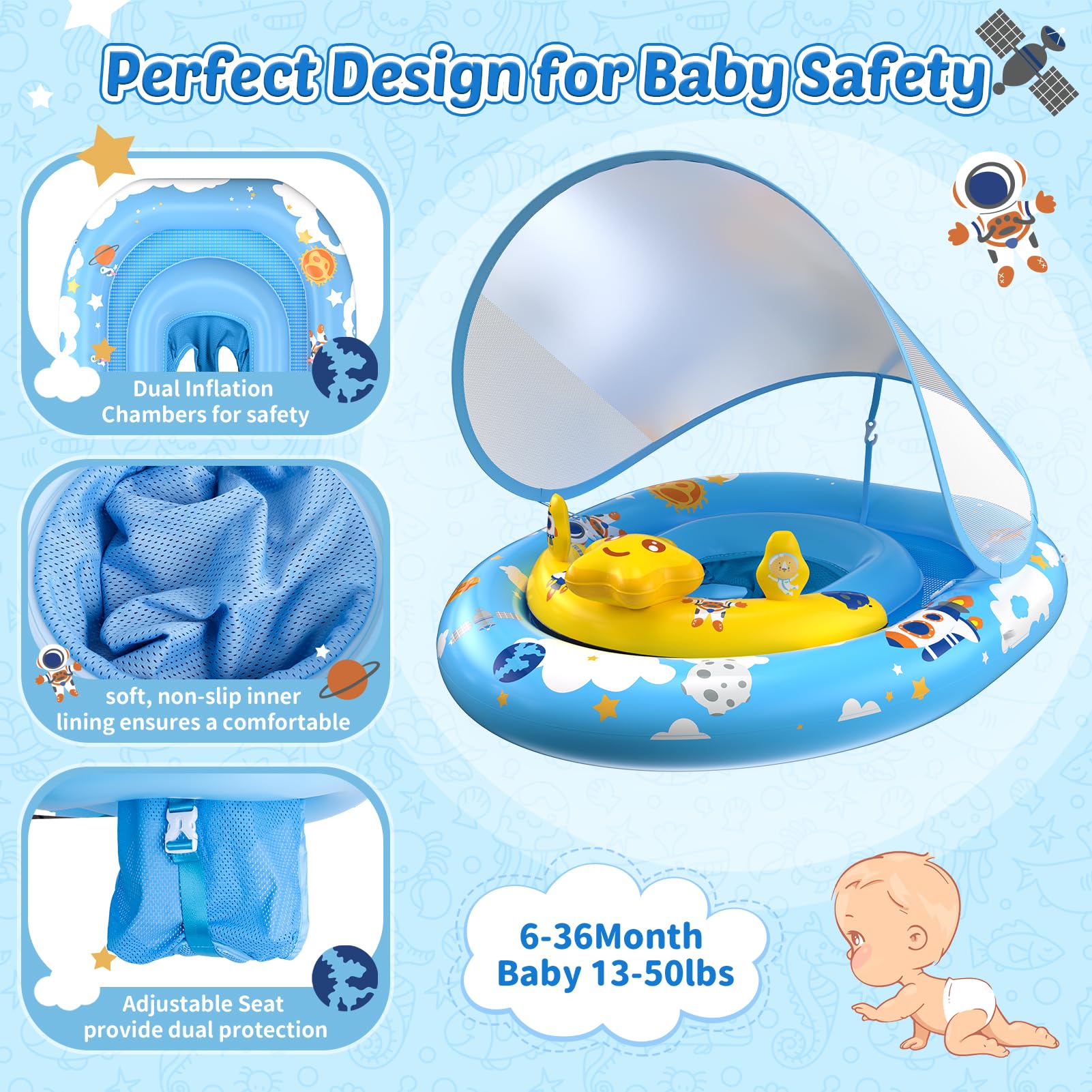 TOPCHASE UPF50+ canopy protects skin during sunny swim sessions.