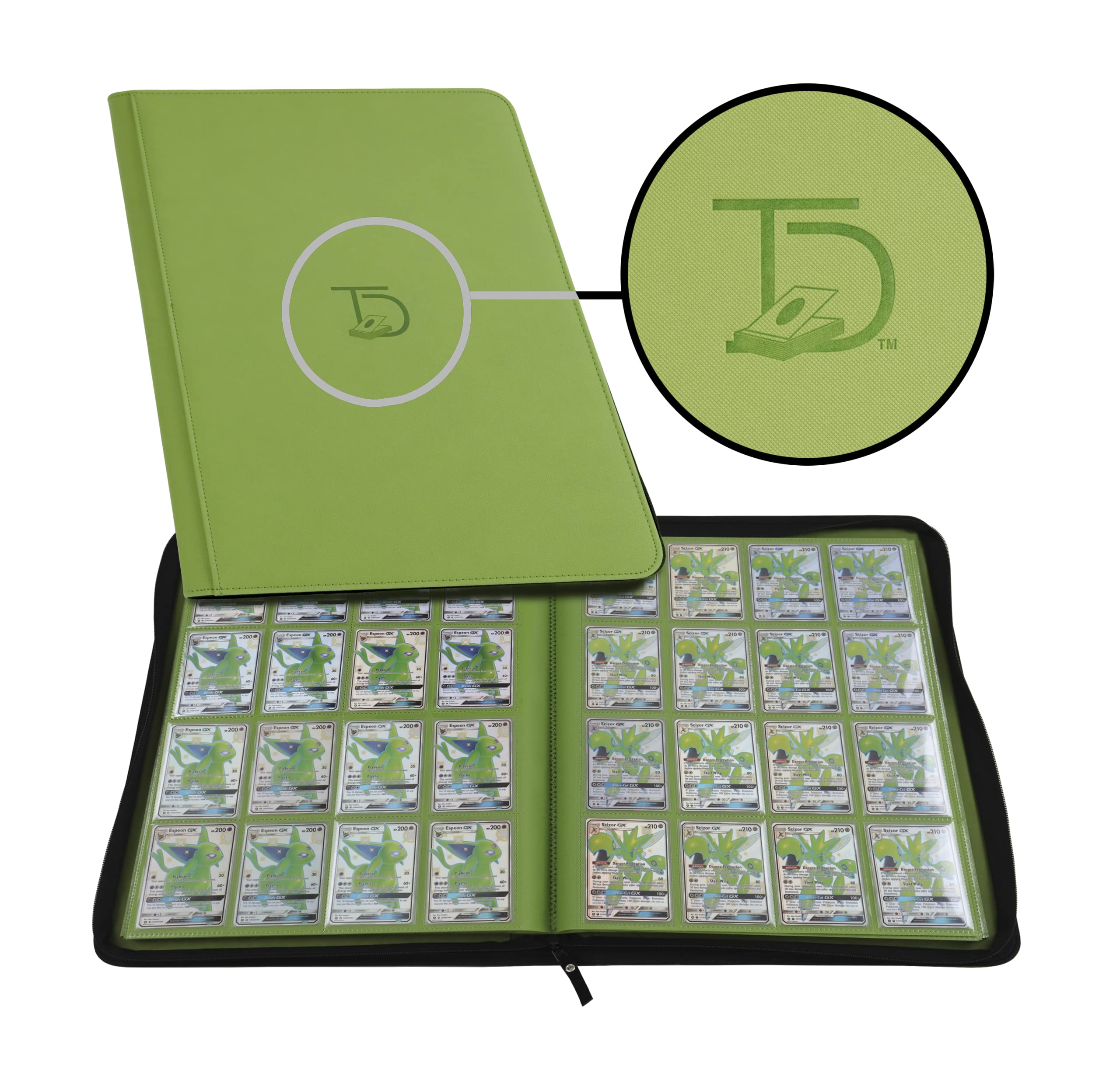 TopDeck 1000 Card Binder in green with side-loading pockets protects cards from dust.