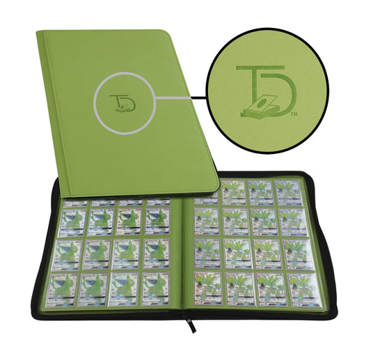 TopDeck 1000 Card Binder in green with side-loading pockets protects cards from dust.