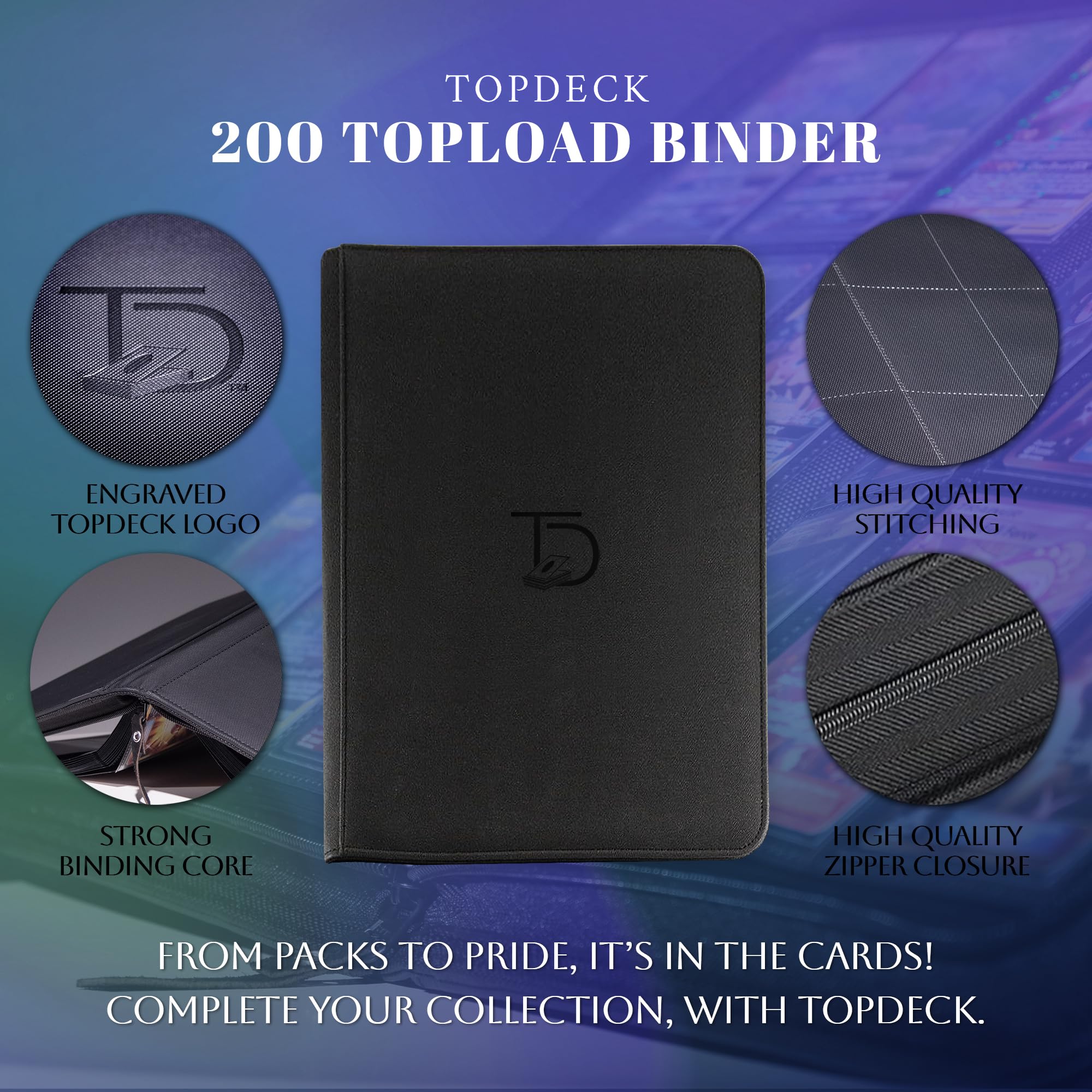 Sturdy spine and branding on the TopDeck binder for easy identification.