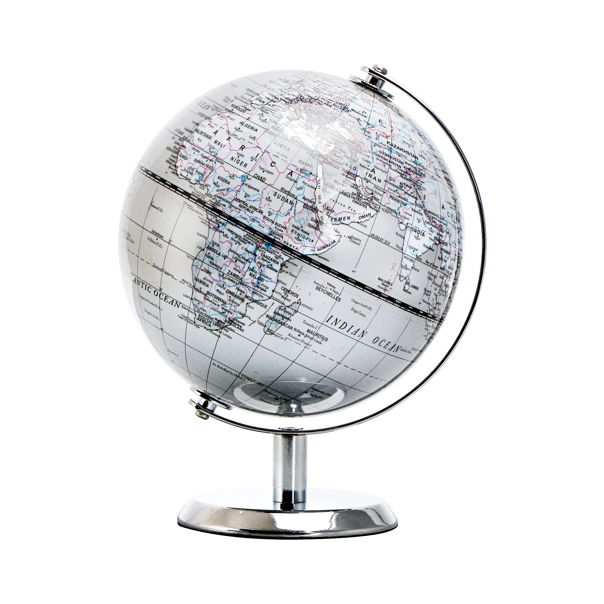 Topglobe 5.5-inch world globe in silver finish for desks and classrooms