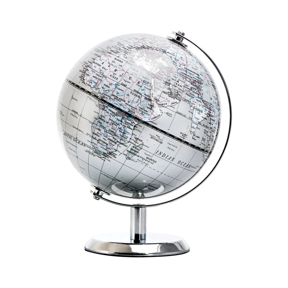 Topglobe 5.5-inch world globe in silver finish for desks and classrooms