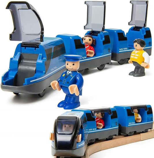 TOPLIVING motorized train with two passenger cars brings imaginative play on wooden tracks