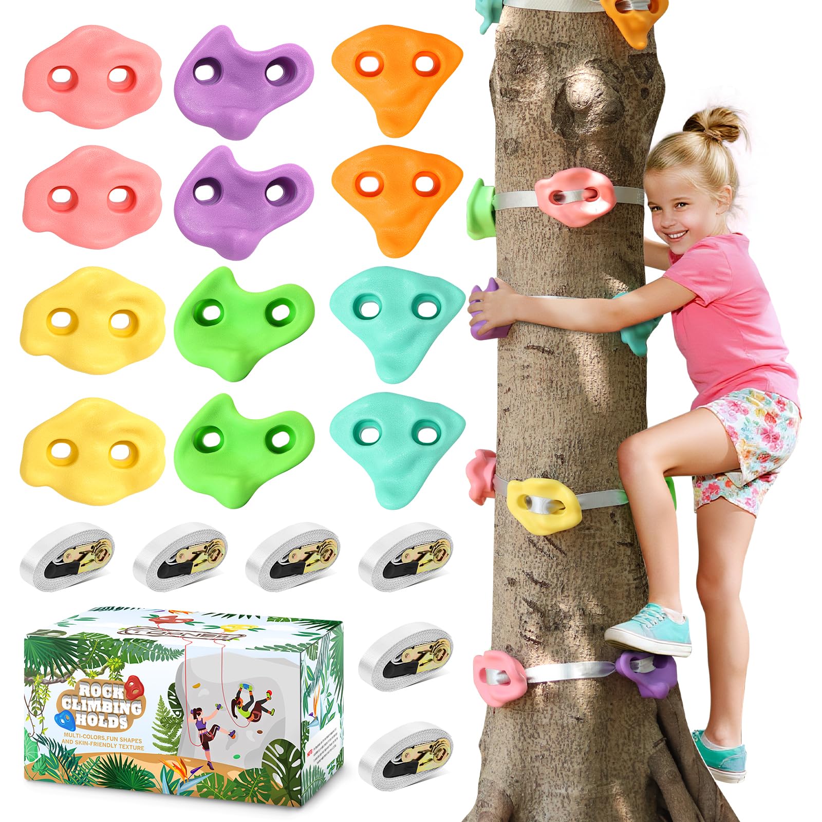 TOPNEW 12 ninja tree climbing holds in macaroon colors for safe outdoor play