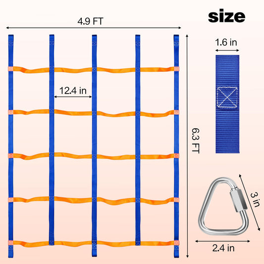 TOPNEW climbing net with five carabiner hooks for quick playground setup.