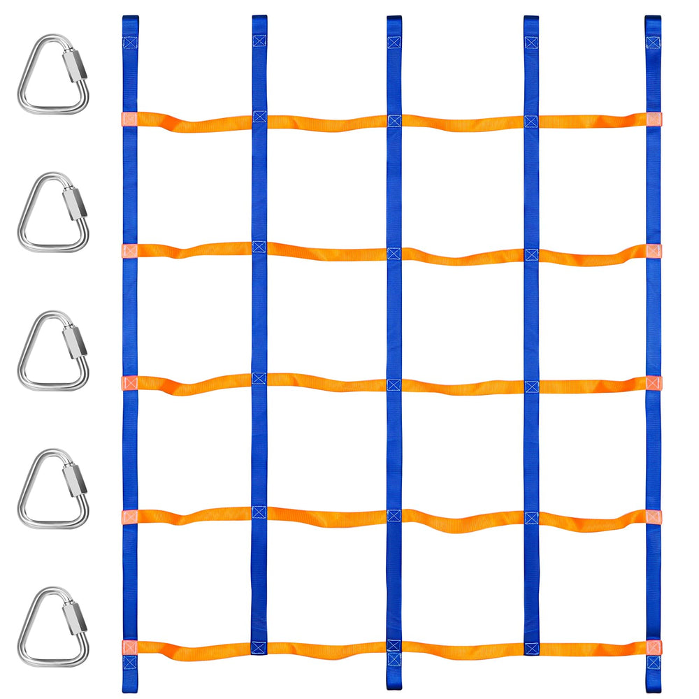 TOPNEW climbing net for kids outdoors in blue and orange encourages active play.