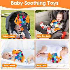 Topsochir toy features a gentle music button and crinkle sounds.