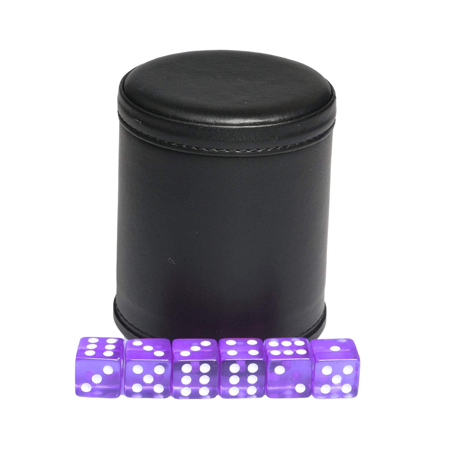 TOPTAN dice cup with black leatherette exterior and purple felt interior.